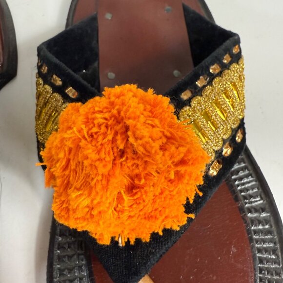 Traditional Ethnic Ahenema Sandals Size 8 Leather Slippers Orange Pom Ghanaian - Picture 10 of 16